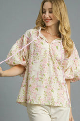 Umgee Floral Print Puff Sleeve Tie Neck Blouse Blush Pink OutfitFlow