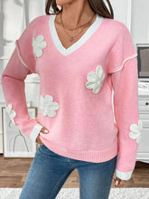 Perfee Flower V-Neck Long Sleeve Sweater Pink OutfitFlow
