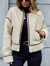 Contrast Trim Zip Up Sherpa Jacket Cream OutfitFlow