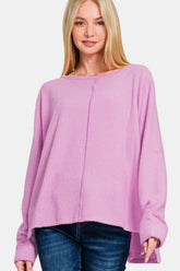Zenana High-Low Side Slit Round Neck T-Shirt Mauve OutfitFlow