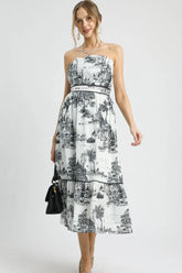 Umgee Printed Tiered Tube Midi Dress Black OutfitFlow