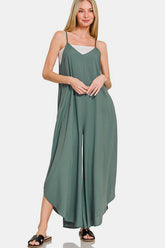 Zenana Sleeveless Curved Hem Wide Leg Overalls with Pockets Ash Jade OutfitFlow
