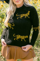 Animal Print Round Neck Sweater Black OutfitFlow