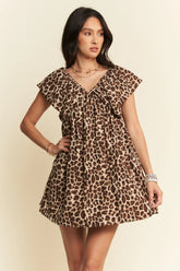 Davi & Dani Animal Printed Velvet Ribbon Mini Dress BROWN ANIMAL OutfitFlow
