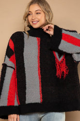 POL Turtleneck Color Block Fringe Detail Sweater Black Red Multi OutfitFlow