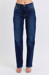 Judy Blue Full Size Raw Hem Straight Leg Jeans Dark OutfitFlow