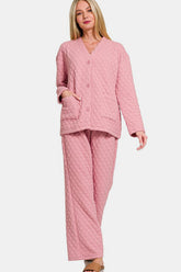 Zenana Quilted Button Up Long Sleeve Top and Pants Lounge Set Dusty Pink OutfitFlow