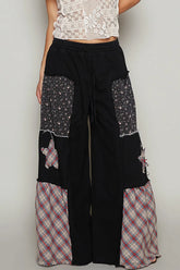 POL Drawstring Star Patch Contrast Wide Leg Pants Black OutfitFlow