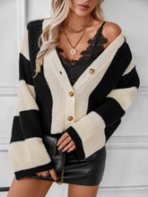 Waffle-Knit V-Neck Striped Long Sleeve Cardigan Ivory OutfitFlow