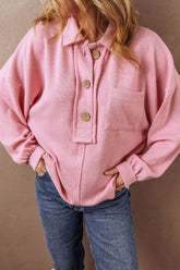 Pocketed Half Button Long Sleeve Sweatshirt Pink OutfitFlow