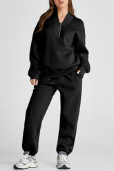 Quarter Zip Long Sleeve Top and Pants Set Black OutfitFlow