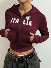 Letter Graphic Zip Up Long Sleeve Hoodie Burgundy OutfitFlow
