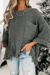 Distressed Round Neck Drop Shoulder Sweater Dark Gray OutfitFlow