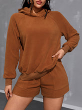 Long Sleeve Hoodie and Pocketed Shorts Set Caramel OutfitFlow