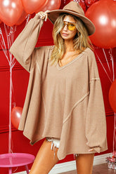 BiBi V-Neck Waffle Uneven Hem Top CAMEL OutfitFlow