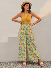 Openwork Halter Neck Floral Wide Leg Jumpsuit Gold OutfitFlow
