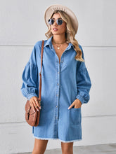 Button Up Pocketed Raw Hem Denim Dress Sky Blue OutfitFlow