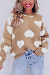 Heart Round Neck Long Sleeve Sweater Khaki OutfitFlow