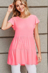 Heimish Full Size Tiered Round Neck Ruffle Sleeve Top Plus Size Pink OutfitFlow
