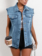 Pocketed Collared Neck Sleeveless Denim Top Medium OutfitFlow