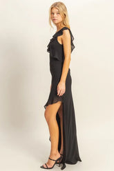 HYFVE Chiffon Ruffle Trim Midi Dress BLACK OutfitFlow
