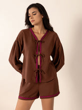Tied V-Neck Long Sleeve Top and Shorts Set Brown OutfitFlow