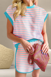 Contrast Trim Striped Round Neck Top and Shorts Set Blush Pink OutfitFlow