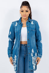 American Bazi Distressed Button Up Long Sleeve Denim Jacket M Blue OutfitFlow