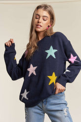 ADORA Stars Pattern Round Neck Drop Shoulder Sweater Dark Navy OutfitFlow
