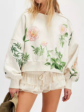 Printed Round Neck Dropped Shoulder Sweatshirt White OutfitFlow