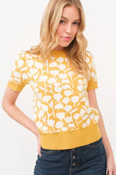 And The Why Short Sleeve Leaf Pattern Knit Top MUSTARD OutfitFlow