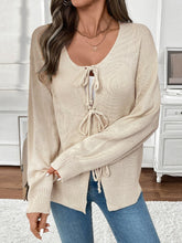 Perfee Tied Round Neck Long Sleeve Cardigan Cream OutfitFlow