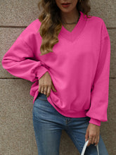 V-Neck Long Sleeve Dropped Shoulder Sweatshirt Fuchsia Pink OutfitFlow
