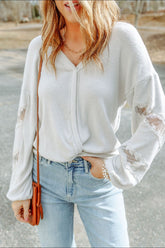 Lace Detail Drop Sleeve Ribbed Top White OutfitFlow