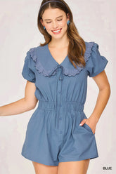 Umgee Collared Short Sleeve Button Down Romper Blue OutfitFlow