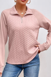 Textured Quarter Zip Long Sleeve Sweatshirt Dusty Pink OutfitFlow
