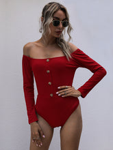 Perfee Decorative Button Off-Shoulder Long Sleeve Bodysuit Burgundy OutfitFlow
