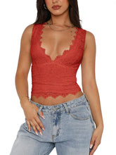 Lace V-Neck Cami Top with Scalloped Hem Red OutfitFlow