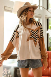 BiBi Star Patchwork Mixed Long Sleeve Top OATMEAL OutfitFlow