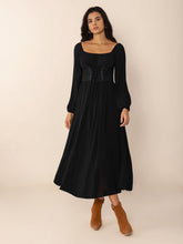 Lace-Up Square Neck Long Sleeve Midi Dress Black OutfitFlow