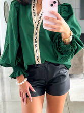 Puffy Flounce Sleeve Leopard Trim V Neck Blouse Dark Green OutfitFlow