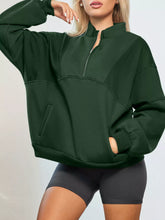Half Zip Stand Collar Exposed Seam Solid Color Casual Sweatshirt Dark Green OutfitFlow