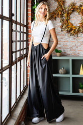 First Love Drawstring Back Spaghetti Strap Wide Leg Overall Black OutfitFlow