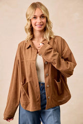 BiBi Corduroy Relaxed Fit Shacket with Back Pleat CAMEL OutfitFlow
