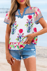 Floral Striped Patchwork Short Sleeve Split Neck Blouse Floral OutfitFlow