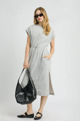 Umgee Side Slit Short Sleeve Midi Tee Dress Light Gray OutfitFlow