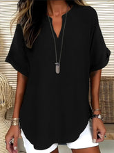 Casual Notched Short Sleeve Blouse Black OutfitFlow