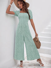 Printed Square Neck Puff Sleeve Jumpsuit Light Green OutfitFlow