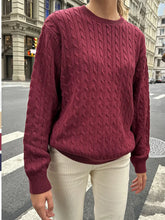 Cable-Knit Round Neck Pullover Sweater Burgundy OutfitFlow