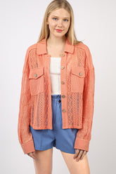 VERY J Button Up Long Sleeve Lace Shirt Salmon OutfitFlow